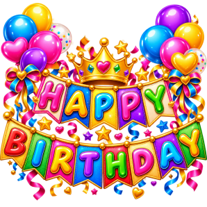 Happy Birthday Bunting Decoration with Colorful 3D Lettering, Glossy Multicolor Pennant Flags, Golden Crown, Balloons, Sparkling Stars, Hearts, Ribbons and Party Confetti