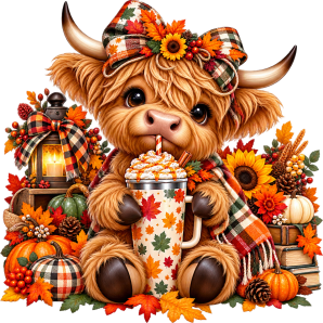 highland cow drinking coffee latte pumpkin spice free png transparent design