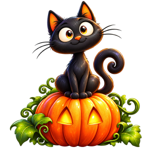 cozy halloween artwork, playful cartoon cat, vibrant orange pumpkin, curly green vines, magical seasonal decoration, charming gothic cottagecore style, perfect for halloween lovers and fall celebrations