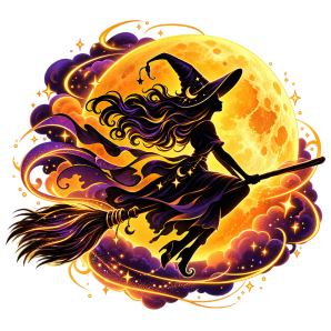 Enchanting Halloween Witch Flying on a Broomstick Under a Glowing Golden Full Moon