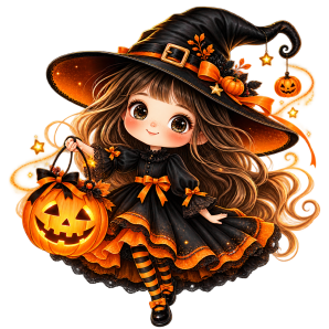 A cute little witch girl celebrates Halloween with a glowing jack-o’-lantern png transparent