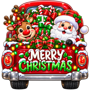 santa and reindeer in back of pickup truck restro png transparent design