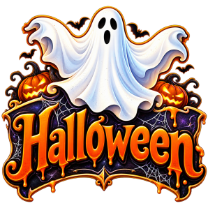 cute ghost illustration, orange halloween lettering, spooky night graphic, halloween party decoration, trick or treat artwork, festive autumn clipart, gothic halloween decor, creepy cute ghost, jack o lantern illustration