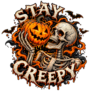 stay creepy text with halloween pumpkin and skeleton image transparent design