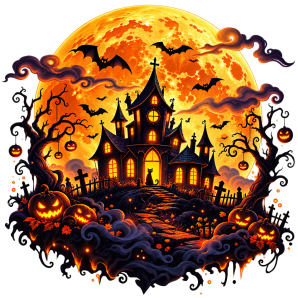 Unique Gothic Haunted halloween Mansion, Bats, Jack-o’-Lanterns, Twisted Trees, Graveyard & Dark Fantasy Night Scene Illustration